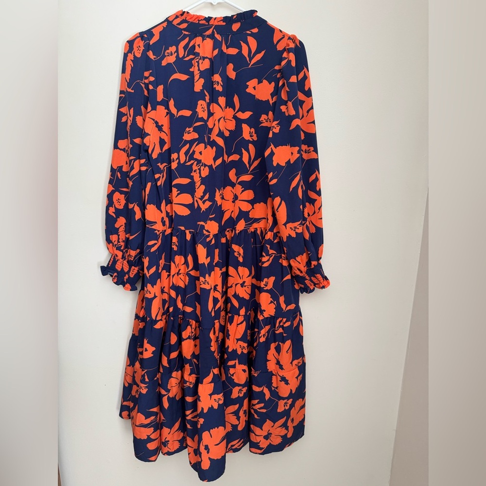 Umgee Floral Tiered Babydoll Dress Navy Orange Boho Long Sleeve Size Medium - Picture 2 of 5